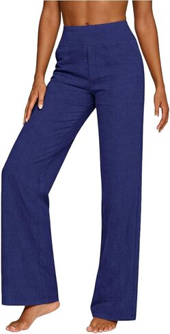 Cotton Linen Pants Women High Waisted Straight Leg Lounge Pants Vacation Beach Trousers Summer Versatile Trousers in Saudi Arabia