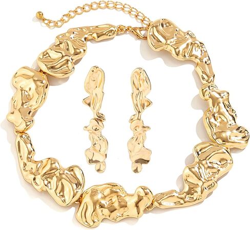 CJIAYUJEW Irregular Lava Gold Necklace Earring Set for Women Statement Choker Necklace Fashion Jewelry Set Liquid Dripping Metal Buckle Collar Necklace in Saudi Arabia