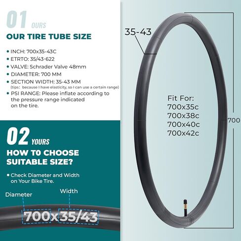 قطعتان من أنابيب الدراجة الفاخرة 700x35C/38C/40C/43C، متوافقة مع إطارات الدراجة 700x35C إلى 700x43C، مع صمام شريدر AV48mm، مطاط البوتيل، تستخدم لدراجات الجبال والطراد والمدينة والطرق in Kuwait