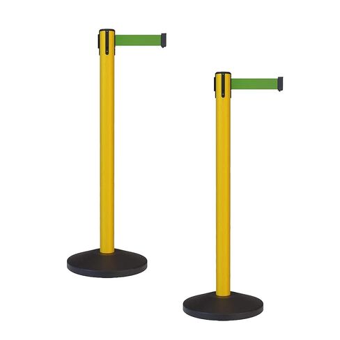 Crowd Control Warehouse - CCW Set of 2 Safety Retractable Belt Barrier Stanchion, Sloped Base, Yellow Post, RBB-100-7.5 ft Belt, Green Belt in Saudi Arabia