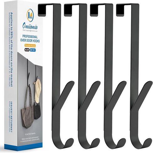 Over The Door Double Hanger Hooks, Metal Twin Hooks Organizer for Hanging Coats, Hats, Robes, Towels - Black - Set of 4 in Kuwait