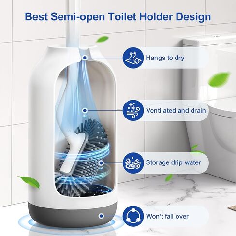 HAMITOR Toilet Bowl Brush Holder Set: Deep Cleaning Silicone Toilet Cleaner Scrubber Under Rim with Curved Bristle for Bathroom Dead Corner Clean - Modern Rv Toilet Decorative Accessories - White in Kuwait