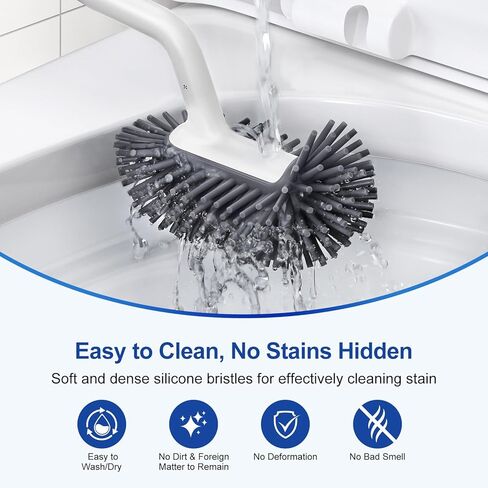 HAMITOR Toilet Bowl Brush Holder Set: Deep Cleaning Silicone Toilet Cleaner Scrubber Under Rim with Curved Bristle for Bathroom Dead Corner Clean - Modern Rv Toilet Decorative Accessories - White in Kuwait