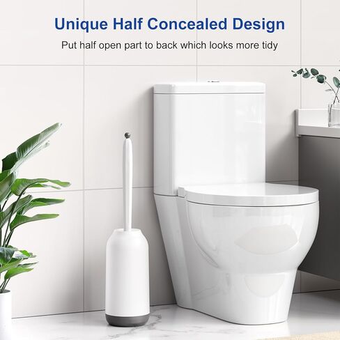 HAMITOR Toilet Bowl Brush Holder Set: Deep Cleaning Silicone Toilet Cleaner Scrubber Under Rim with Curved Bristle for Bathroom Dead Corner Clean - Modern Rv Toilet Decorative Accessories - White in Kuwait
