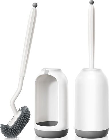 HAMITOR Toilet Bowl Brush Holder Set: Deep Cleaning Silicone Toilet Cleaner Scrubber Under Rim with Curved Bristle for Bathroom Dead Corner Clean - Modern Rv Toilet Decorative Accessories - White in Kuwait