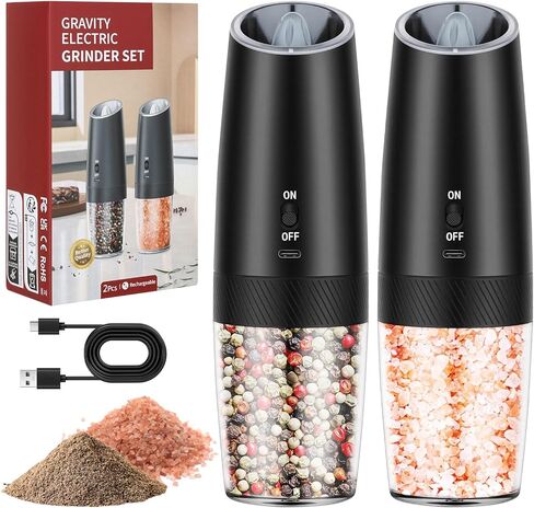 Automatic Electric Gravity Salt and Pepper Grinder Set - One-Hand Operation, Adjustable Coarseness, LED Light, Stainless Steel & Ceramic Core - Perfect for Kitchen, Camping(Black-2pcs) in Saudi Arabia