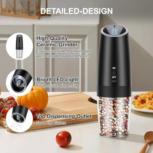 Automatic Electric Gravity Salt and Pepper Grinder Set - One-Hand Operation, Adjustable Coarseness, LED Light, Stainless Steel & Ceramic Core - Perfect for Kitchen, Camping(Black-2pcs) in Saudi Arabia