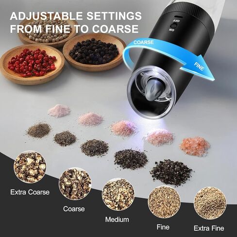 Automatic Electric Gravity Salt and Pepper Grinder Set - One-Hand Operation, Adjustable Coarseness, LED Light, Stainless Steel & Ceramic Core - Perfect for Kitchen, Camping(Black-2pcs) in Saudi Arabia