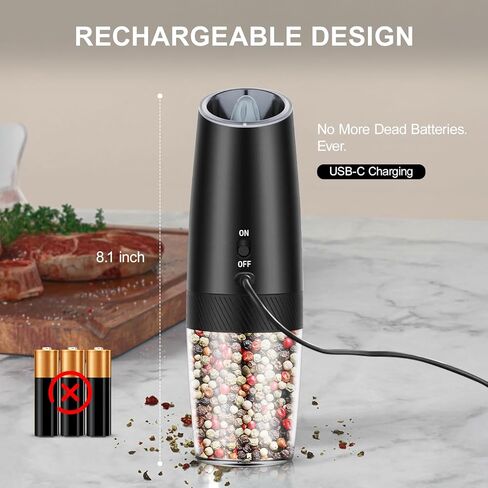 Automatic Electric Gravity Salt and Pepper Grinder Set - One-Hand Operation, Adjustable Coarseness, LED Light, Stainless Steel & Ceramic Core - Perfect for Kitchen, Camping(Black-2pcs) in Saudi Arabia