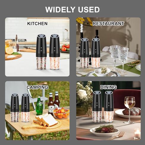 Automatic Electric Gravity Salt and Pepper Grinder Set - One-Hand Operation, Adjustable Coarseness, LED Light, Stainless Steel & Ceramic Core - Perfect for Kitchen, Camping(Black-2pcs) in Saudi Arabia