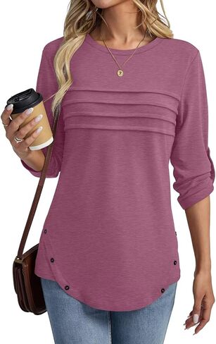Women's 3/4 Length Rolled Sleeve Tunic Tops Pleated Crew Neck T Shirts Both Side Buttons Summer Blouses in Saudi Arabia