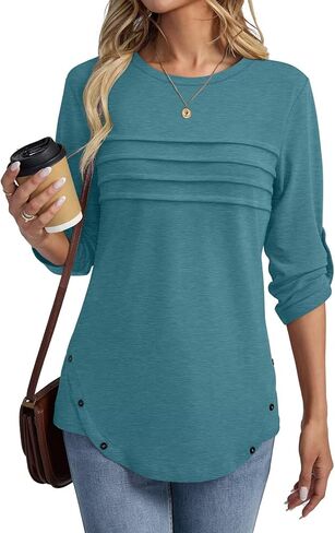 Women's 3/4 Length Rolled Sleeve Tunic Tops Pleated Crew Neck T Shirts Both Side Buttons Summer Blouses in Saudi Arabia