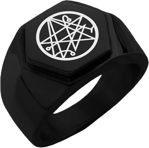 Stainless Steel Necronomicon Talisman Rune Hexagon Crest Flat Top Biker Style Polished Ring in Saudi Arabia
