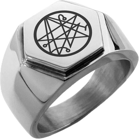 Stainless Steel Necronomicon Talisman Rune Hexagon Crest Flat Top Biker Style Polished Ring in Saudi Arabia