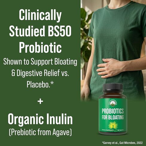 Bloat and Gas Probiotic - Proven Relief with Clinically Studied Bacillus Subtilis BS50 + Prebiotic Fiber - Fast Acting Anti Bloating Pills Supplement - Debloating Capsules for Women and Men in Saudi Arabia