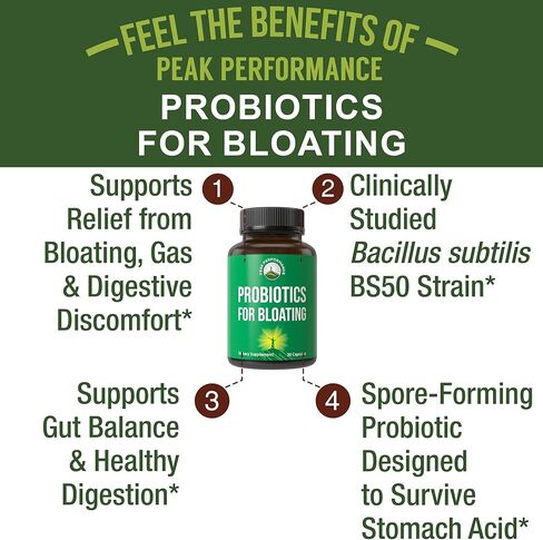 Bloat and Gas Probiotic - Proven Relief with Clinically Studied Bacillus Subtilis BS50 + Prebiotic Fiber - Fast Acting Anti Bloating Pills Supplement - Debloating Capsules for Women and Men in Saudi Arabia