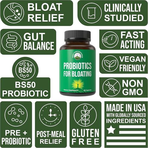 Bloat and Gas Probiotic - Proven Relief with Clinically Studied Bacillus Subtilis BS50 + Prebiotic Fiber - Fast Acting Anti Bloating Pills Supplement - Debloating Capsules for Women and Men in Saudi Arabia