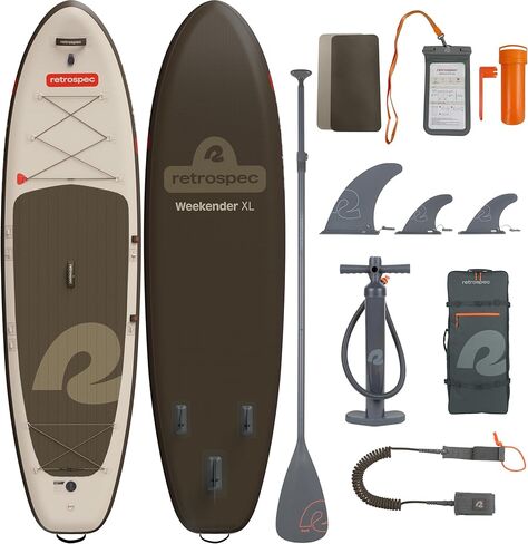 لوح التجديف القابل للنفخ من Retrospec Weekender XL - Lake Essentials SUP بسعة 400 رطل - لوح شامل مقاس 11 × 35 × 8 بوصة لصيد الأسماك والتجول - مجموعة كاملة مع مجداف ومضخة وحقيبة ظهر in Saudi Arabia