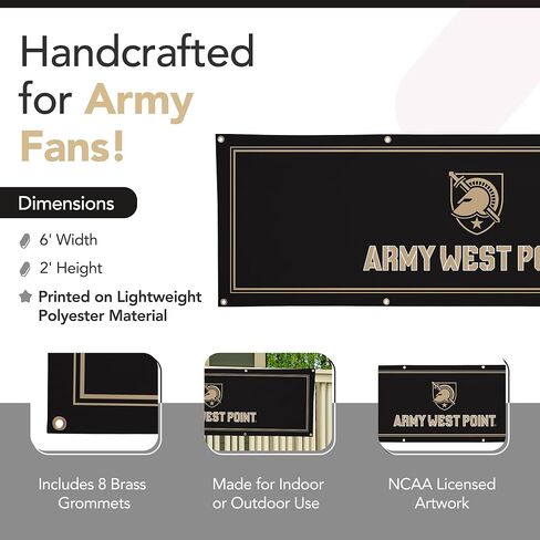 لافتة بوليستر مطبوعة رياضية من Army Black Knights College - مرخصة من الرابطة الوطنية لرياضة الجامعات - زينة التخرج المعلقة - لافتة مدرسية (أسود، ذهبي) (2 × 6 بوصات) in Saudi Arabia