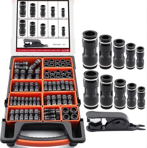 180PCS Pneumatic Quick Connect Fitting Kit: Imperial (1/8", 1/4", 5/16", 3/8", 1/2") & Metric (4,6,8,10,12mm) Push-in Air Line Connectors（Black) in Kuwait