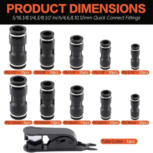 180PCS Pneumatic Quick Connect Fitting Kit: Imperial (1/8", 1/4", 5/16", 3/8", 1/2") & Metric (4,6,8,10,12mm) Push-in Air Line Connectors（Black) in Kuwait