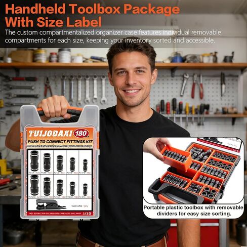 180PCS Pneumatic Quick Connect Fitting Kit: Imperial (1/8", 1/4", 5/16", 3/8", 1/2") & Metric (4,6,8,10,12mm) Push-in Air Line Connectors（Black) in Kuwait