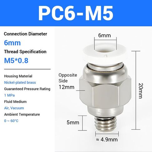20 Pcs M5*0.8 Pneumatic White Push Connect Fittings, 6mm pipe connection x 4.9mm thread outer Air Push Connect Tools Pneumatic Hose Fittings, Push Lock Air Hose Fittings in Saudi Arabia