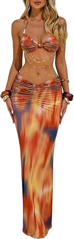 Women's Two Piece Maxi Skirt Sets Summer Beach Sexy Ruched Backless Pearls Chain Decor Crop Top and Cut Out Skirt in Kuwait