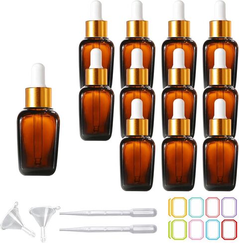 12Pcs 15ml Square Dropper Bottles for Essential Oils, 15ml Square Glass Bottles with Eye Droppers,Tincture Bottles,for Essential Oils,Liquids,perfume Travel (Clear/Rose Gold cap, 15ml) in Kuwait