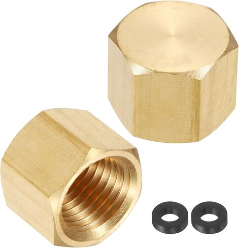 uxcell 2Pcs Brass Hex Head Plug Compression Cap Fitting Stop Valve Cap, 3/8" NPT Hex Thread Pipe Fitting Flare Cap Tubing Ends Sealing Cap with Gasket for Air Conditioner, Water, Gold in Saudi Arabia