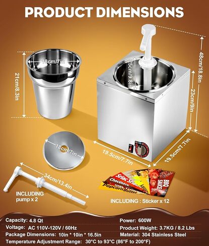 4.8Qt Nacho Cheese Dispenser, Nacho Cheese Warmer with Pump and 6-Level Temperature Adjustment, 600W 86-200℉ Hot Fudge Warmer with, Commercial Sauce Dispenser Machine for Syrup in Kuwait