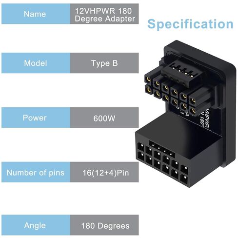 محول زاوية 12VHPWR 180 درجة، Pcie5.0 ATX 3.0 600W 16 Pin GPU PCIe محول الطاقة، موصل أنثى إلى ذكر لـ 12+4 pin RTX 3090Ti 4070Ti 4080 4090 GPU بطاقة الرسومات (النوع B) in Saudi Arabia