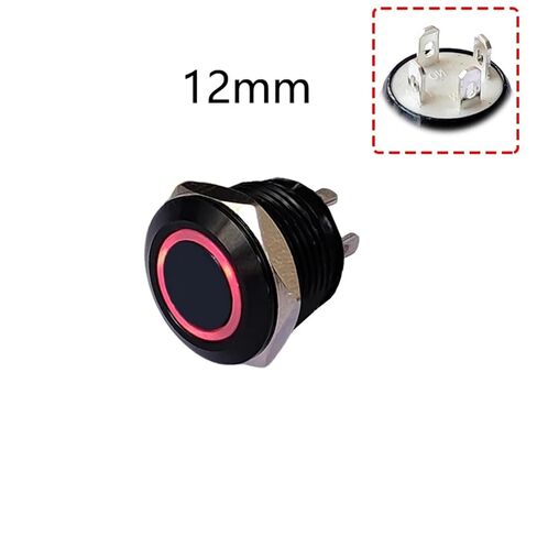 1 قطعة مفتاح زر ضغط، 12 مم مفتاح زر معدني أسود LED 3 فولت - 24 فولت 50 مللي أمبير بدون قفل لاستبدال لوحة أجهزة الكمبيوتر (حلقة حمراء 12 مم، LED 12-24 فولت) in Kuwait