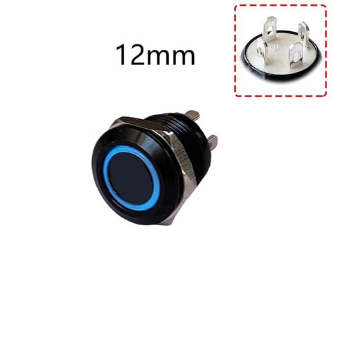 1 قطعة مفتاح زر ضغط، 12 مم مفتاح زر معدني أسود LED 3 فولت - 24 فولت 50 مللي أمبير بدون قفل لاستبدال لوحة أجهزة الكمبيوتر (حلقة زرقاء 12 مم، LED 3-6 فولت) in Kuwait