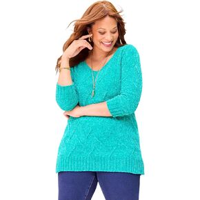 Women's Plus Size Chenille Pointelle V-Neck Pullover in Kuwait