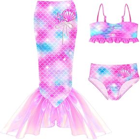 ملابس سباحة للفتيات مكونة من 3 قطع بدلة استحمام حورية البحر بأشرطة قابلة للتعديل مع تنورة من الأورجانزا اللطيفة 3-10 سنوات in Kuwait