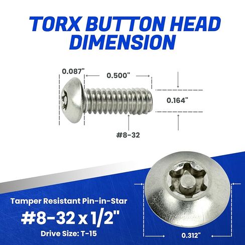 مسامير آلة الأمان Fastenere Torx - 8-32 × 1/2 بوصة (25 حزمة) من الفولاذ المقاوم للصدأ، مقاومة للتلاعب، براغي رأس زر، برغي مسمار لمستوى أعلى من الأمان ومنع السرقة in Saudi Arabia