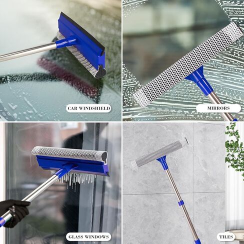 ممسحة نافذة 2 في 1 وممسحة سيارة بمقبض من الفولاذ المقاوم للصدأ قابل للسحب مقاس 15.7 بوصة - 27.5 بوصة، أداة تنظيف الزجاج الأمامي للسيارات والشاحنات والأبواب الزجاجية وزجاج الدش والنوافذ الخارجية in Kuwait