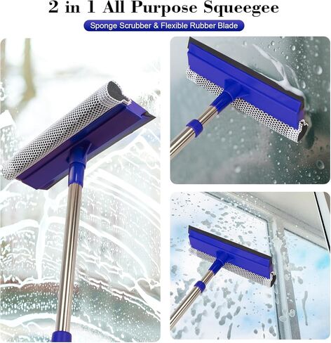 ممسحة نافذة 2 في 1 وممسحة سيارة بمقبض من الفولاذ المقاوم للصدأ قابل للسحب مقاس 15.7 بوصة - 27.5 بوصة، أداة تنظيف الزجاج الأمامي للسيارات والشاحنات والأبواب الزجاجية وزجاج الدش والنوافذ الخارجية in Kuwait