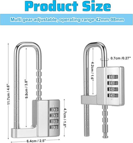 2 قطعة قفل خزانة مكون من 4 أرقام رمز على شكل حرف U، قفل قابل للتعديل من الفولاذ المقاوم للصدأ مع رمز، قفل معدني طويل مقاوم للماء قابل للسحب لأسوار الكلية في الهواء الطلق وخزانة رياضية وصالة الألعاب الرياضية in Kuwait
