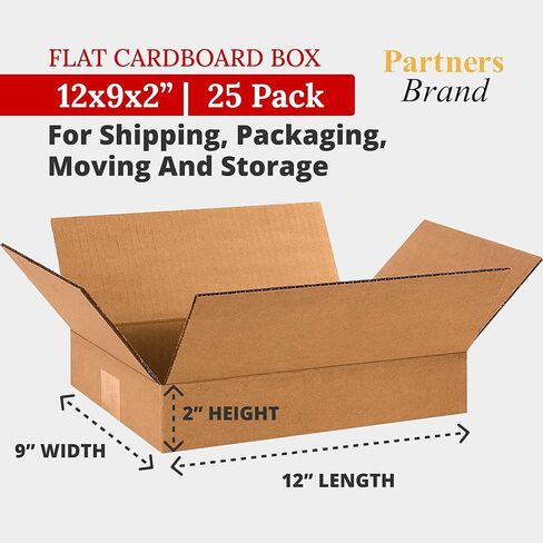 PARTNERS BRAND 12 x 9 x 2 Corrugated Cardboard Boxes, Flat 12"L x 9"W x 2"H, Pack of 25 | Shipping, Packaging, Moving, Storage Box for Home or Business, Strong Wholesale Bulk Boxes in Saudi Arabia