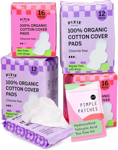 Pixie Organic Cotton Pad Kit for Girls - Includes 32ct Mini & 24ct Regular Pads with Feminine Wipes - Leak-Proof with Wings - Feminine Essentials Refill - Perfect for Teens & Light to Average Flow in Kuwait