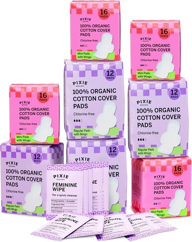 Pixie Organic Cotton Pad Kit for Girls - تشمل 32 CT Mini و 24ct منصات منتظمة مع مناديل أنثوية - تسرب معدة مع أجنحة - تعبئة الأساسيات الأنثوية - مثالية للمراهقين والضوء إلى متوسط التدفق in Kuwait