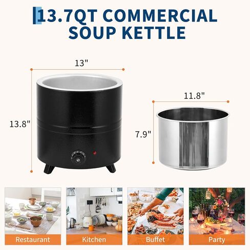 غلاية شوربة تجارية 13.7QT من Garvee، سخان شوربة أوتوماتيكي مع مقبض مضاد للحرق ووعاء إدخال قابل للإزالة من الفولاذ المقاوم للصدأ للولائم الكبيرة والبوفيه، غطاء مفصلي مدمج in Saudi Arabia