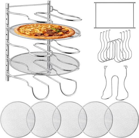 Pizza Rack 5 Tiered Stand 10.43" L x 8.52" W x 13" H with 5 Pcs 12 Inch Pans Flexible Detachable Aluminum Baking Set for Easy Storage and Baking Multiple Pizzas in Kuwait
