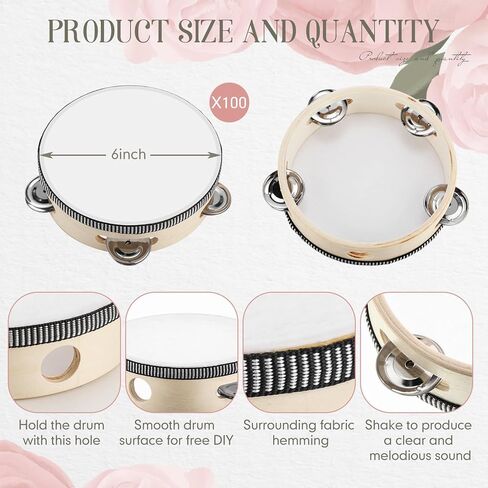 100 Pcs 6 Inch Wedding Tambourine Bulk Drum for Adults Hand Held Percussion Gift Wooden Metal Jingles Musical Educational Drum Instrument for Church Wedding Party Favor in Kuwait