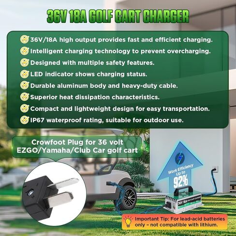 شاحن بطارية عربة الجولف 36 فولت لسيارة EZGO/Yamaha/Club، شاحن عربة الجولف 18AMP 36V IP67 مقاوم للماء شحن سريع ذكي أوتوماتيكي بالكامل، لبطاريات الرصاص الحمضية فقط - غير متوافق مع الليثيوم in Saudi Arabia