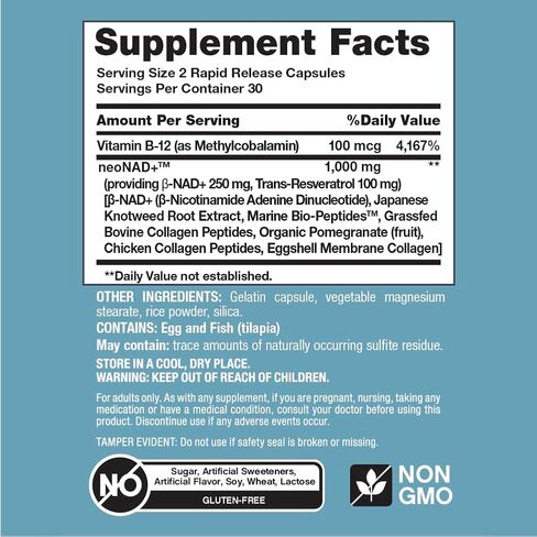NeoCell NAD+ Resveratrol Supplement | with Multi Collagen Bio-Peptides | 60 Capsules | Supports Healthy Aging & Cellular Energy in Kuwait