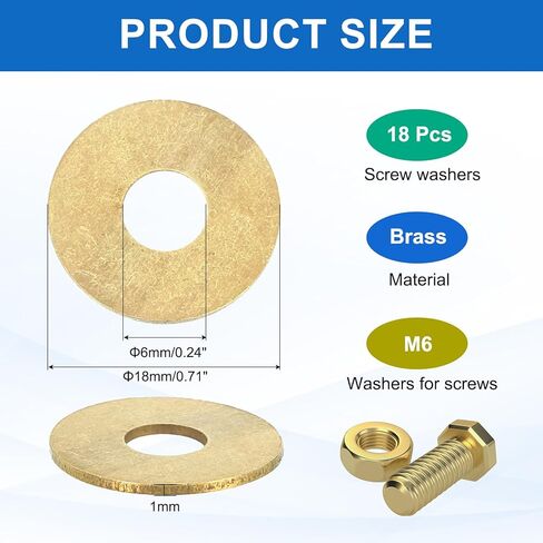 MECCANIXITY 18 Pack Brass Flat Washer, M6 Copper Washers Crush Washer Kit Assortment, 6mm ID, 18mm OD, 1mm Thick for Bolts Screws Machinery Repair, Outdoor Construction in Saudi Arabia