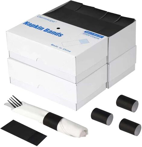 Germiwipe Pack of 10,000 Black Paper Napkin Bands Self Adhesive, 1.5x4.25 Inch Silverware Wraps Band Paper Napkin Rings for Restaurant, Party, Wedding, (4 Boxes x 2,500) in Kuwait